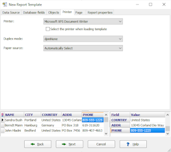 Specifying printer parameters for report