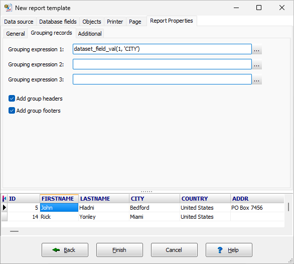 New report with grouping, step 2